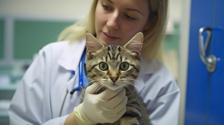 Generative AI veterinarian inspecting a cat in a clinicの素材