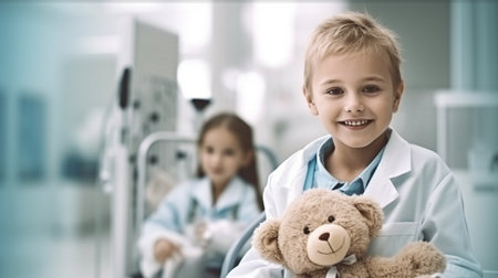 Generative AI portrait of a happy little child holding a teddy bearの素材