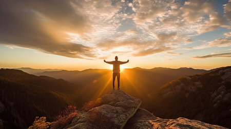 Generative AI, a smiling guy with wide arms standing atop a mountainの素材