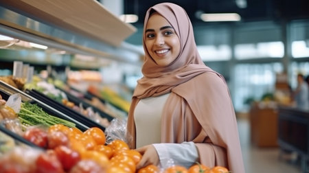 Generative AI Customer Service with a Cheerful Arabic Female Customer Shopping for Groceriesの素材