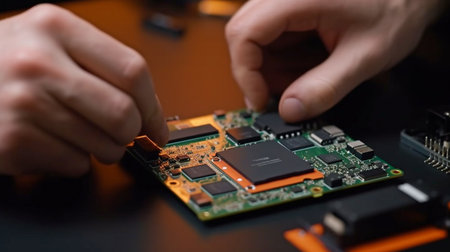 New, lightning-fast, high-capacity drives with flash chips and Generative AI are being installed by technicians.の素材