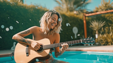 Caucasian lady in backyard having pool party, playing guitar and grinning. Generative AIの素材