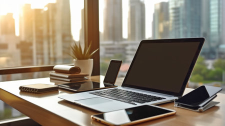 picture of a laptop, digital tablet, and smartphone up close on a desk. Generative AI, modern technologies at the office deskの素材