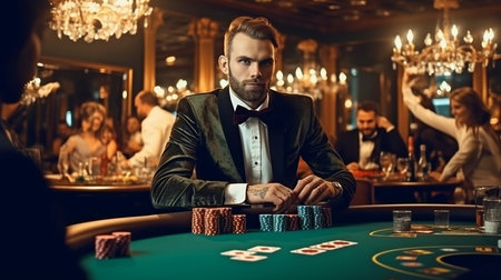 Generative AI and poker players using cards in a casinoの素材