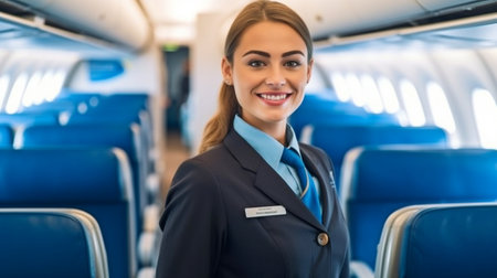 Generative AI is being used by a female hostess to inquire about passenger services.の素材