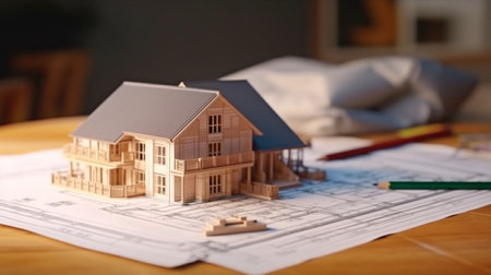 Plans for a building on a table with an architect. Generative AI, House Project, and Drawingの素材