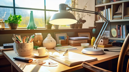 Generative AI Desk with Lamp and Other Office Objectsの素材