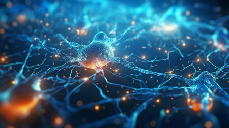 Generative AI depiction in three dimensions of linked neurons firing electrical pulsesの素材