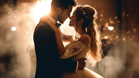 Backlit scene with a newlywed couple dancing. sensitivity and a happy family Generative AI and newlywedsの素材