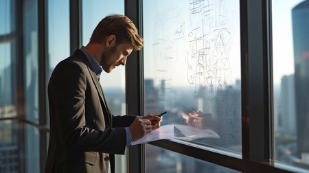 Generative AI with a Young Manager Drawing on a Windowの素材