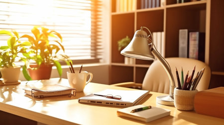 Generative AI Desk with Lamp and Other Office Objectsの素材