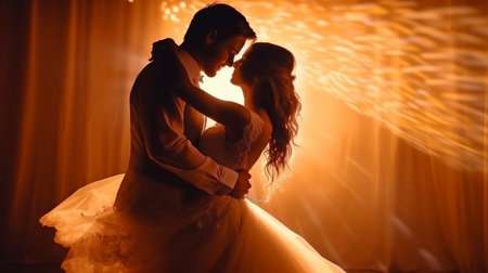 Backlit scene with a newlywed couple dancing. sensitivity and a happy family Generative AI and newlywedsの素材