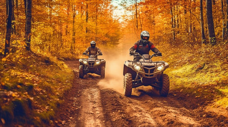 Generative AI, two atv riders, speed race in the forestの素材