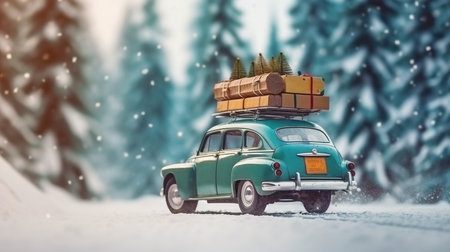 Christmas Tree Being Carried Through Deep Snow. Greeting Card for Christmas, Generative AIの素材