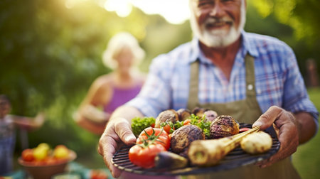 Generative AI, close-up hands of an elderly man grilling in the yardの素材