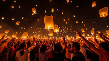 At night, Thai people release sky-floating lamps or lanterns to worship the remains of Buddha. Generative AI, a traditional festival in Chiang Mai, Thailandの素材