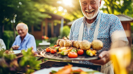 Generative AI, close-up hands of an elderly man grilling in the yardの素材