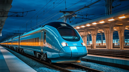 The railway station is traversed by a blue, fast train, Generative AIの素材