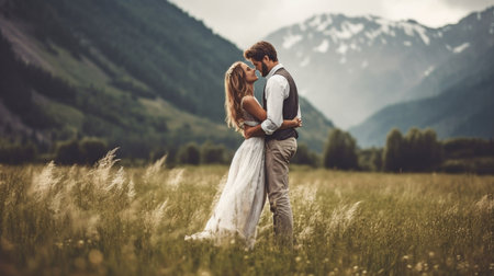 Beautiful newlyweds in the mountains. The Generative AIの素材
