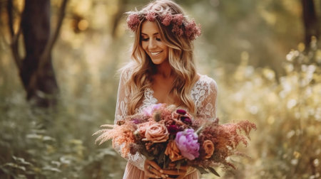 a joyful bride wearing a pink bridal gown. The young lady is holding a bridal bouquet. In the woodland, a boho-style wedding ceremony. The Generative AIの素材