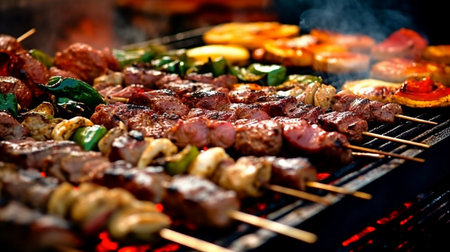 Different kinds of meat and vegetables are cooked on a sizable grill. A festival of street food. The Generative AIの素材
