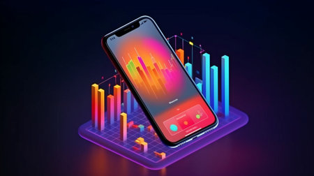 On an isometric mobile phone, a smartphone application with business graph and analytics data is used. Concept and trends analysis for the coding process in software development. The Generative AIの素材