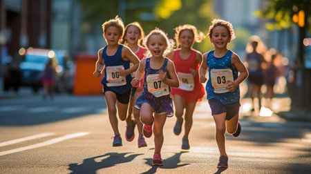 In the early morning light, children speed in a kids' race on a city street, focusing on their legs. The Generative AIの素材