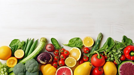Vegetables and fruits on a table made of white wood, healthy food. Generative AIの素材