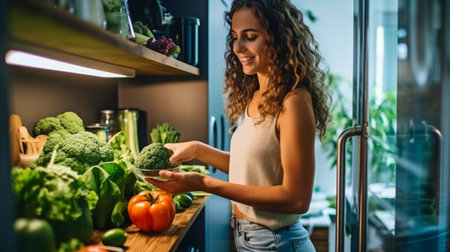 A young, stunning woman is cooking a healthy, fresh meal while carrying vegetables, food from the refrigerator, and other items from the shelves. The Generative AIの素材