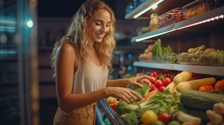 A young, stunning woman is cooking a healthy, fresh meal while carrying vegetables, food from the refrigerator, and other items from the shelves. The Generative AIの素材
