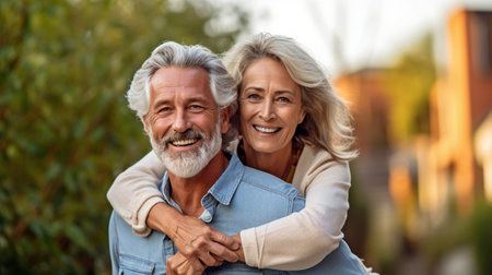 Woman and man enjoying a retirement together in the great outdoors while smiling and piggybacking. Generative AIの素材