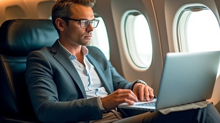 A businessman working on a laptop while travelling by plane in business clothes and spectacles uses Generative AI.の素材