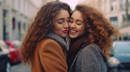 Females meeting carefree on their way to university are happy to embrace and kiss one other. Generative AI is lovely.の素材