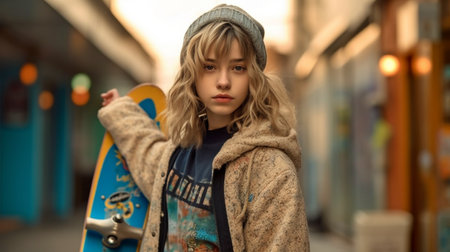 An attractive young woman on a skateboard, Generative AIの素材