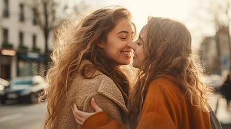 Females meeting carefree on their way to university are happy to embrace and kiss one other. Generative AI is lovely.の素材