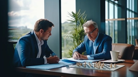 Generative AI is used to debate business strategy while a business employee in suits is working at a table.の素材