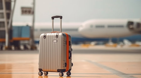A suitcase on a runway with a background of a fuzzy aeroplane. Generative AI and the idea of business travelの素材