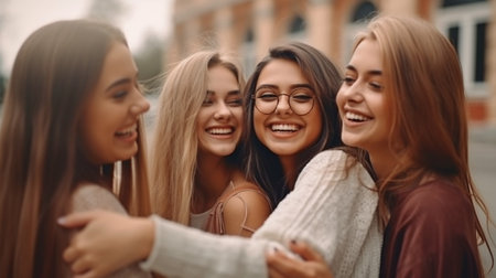 Females meeting carefree on their way to university are happy to embrace and kiss one other. Generative AI is lovely.の素材