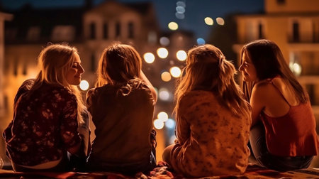 Generative AI is used by friends to enjoy a nighttime movie outdoors.の素材
