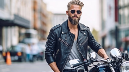 Generative AI and a stylish rider on a bespoke motorbike in the cityの素材