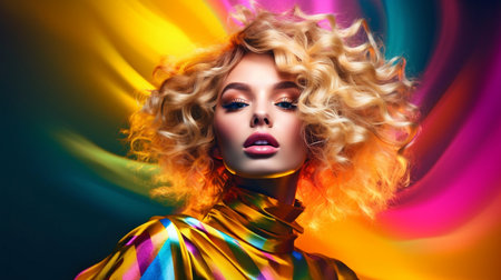High-end fashion. makeup-wearing woman in a neon-colored gold light. Girl with blond hair wearing fashionable curls and current cosmetics. Generative AI, Golden Neon Portraitの素材