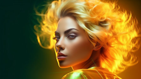High-end fashion. makeup-wearing woman in a neon-colored gold light. Girl with blond hair wearing fashionable curls and current cosmetics. Generative AI, Golden Neon Portraitの素材