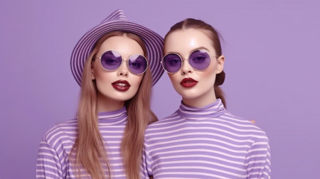 twin sisters playing together and making kissing faces. In a studio, two young, attractive women are having fun. Model Wearing Fashionable Sunglasses and Generative AIの素材