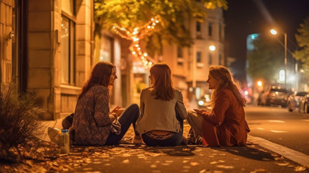 Generative AI is used by friends to enjoy a nighttime movie outdoors.の素材