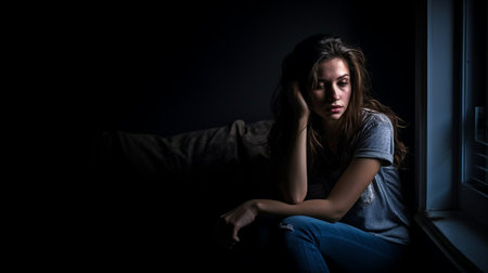 If you need somebody, where are they? a young woman is shown sitting in the corner of a shadowy room. The Generative AIの素材