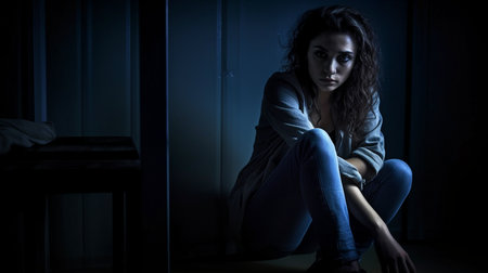 If you need somebody, where are they? a young woman is shown sitting in the corner of a shadowy room. The Generative AIの素材