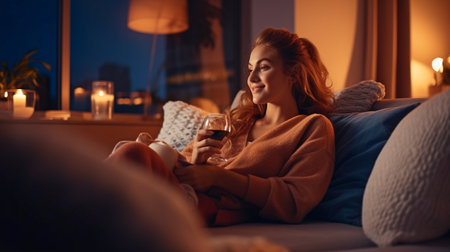 evening at home with a woman unwinding while watching TV., Generative AIの素材