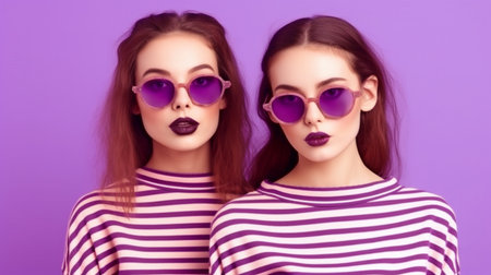 twin sisters playing together and making kissing faces. In a studio, two young, attractive women are having fun. Model Wearing Fashionable Sunglasses and Generative AIの素材