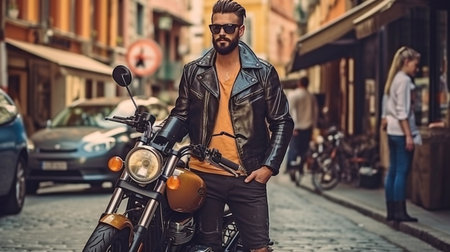 Generative AI and a stylish rider on a bespoke motorbike in the cityの素材