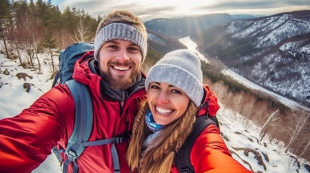 Selfie of a hiking couple in the mountains during the winter. The Generative AIの素材